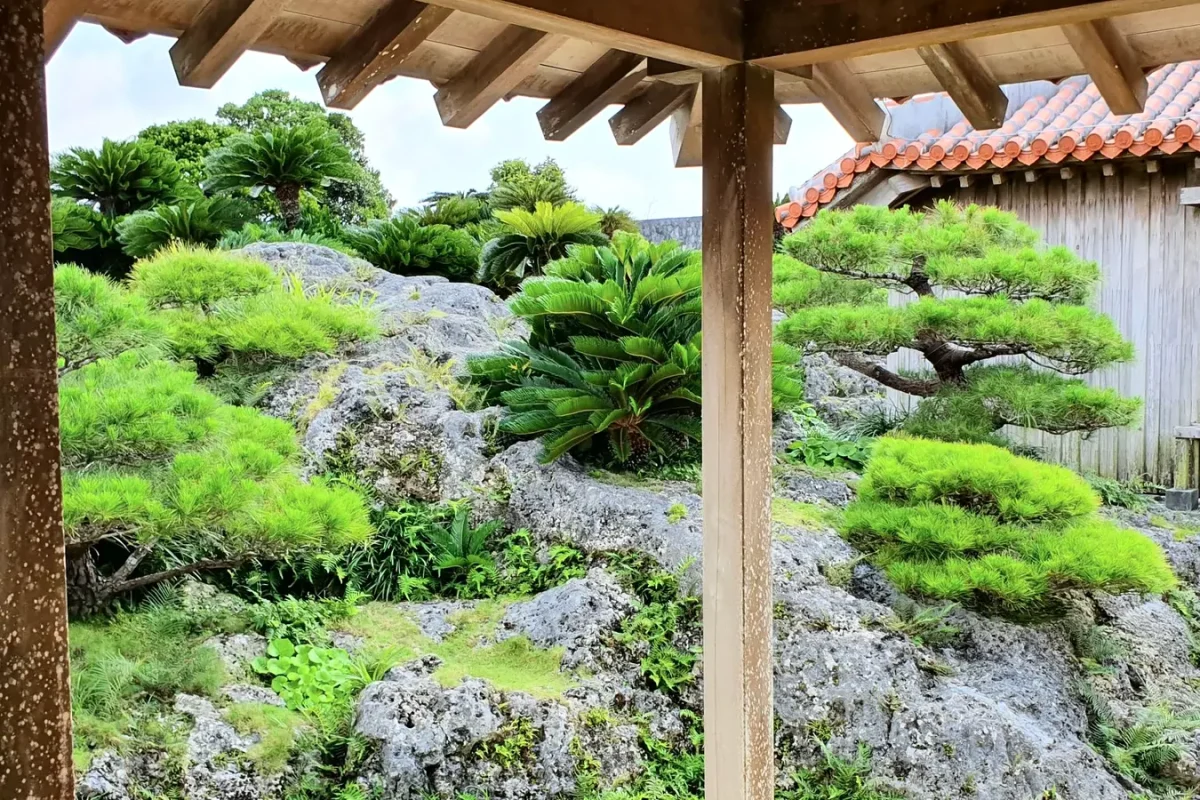 Garden viewed from a wooden veranda at Shuri Castle in May 2019