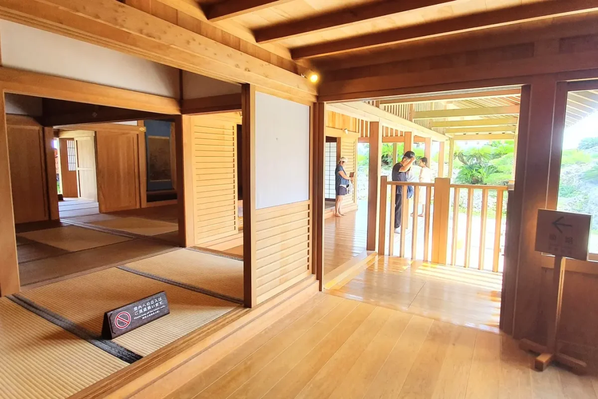 Wooden interior with tatami flooring at Shuri Castle in May 2019