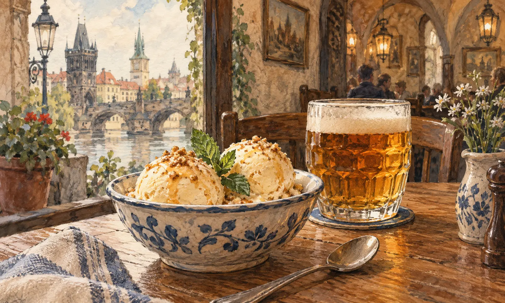 prague beer ice cream Illustration of ice cream and a glass of amber beer on a cafe table