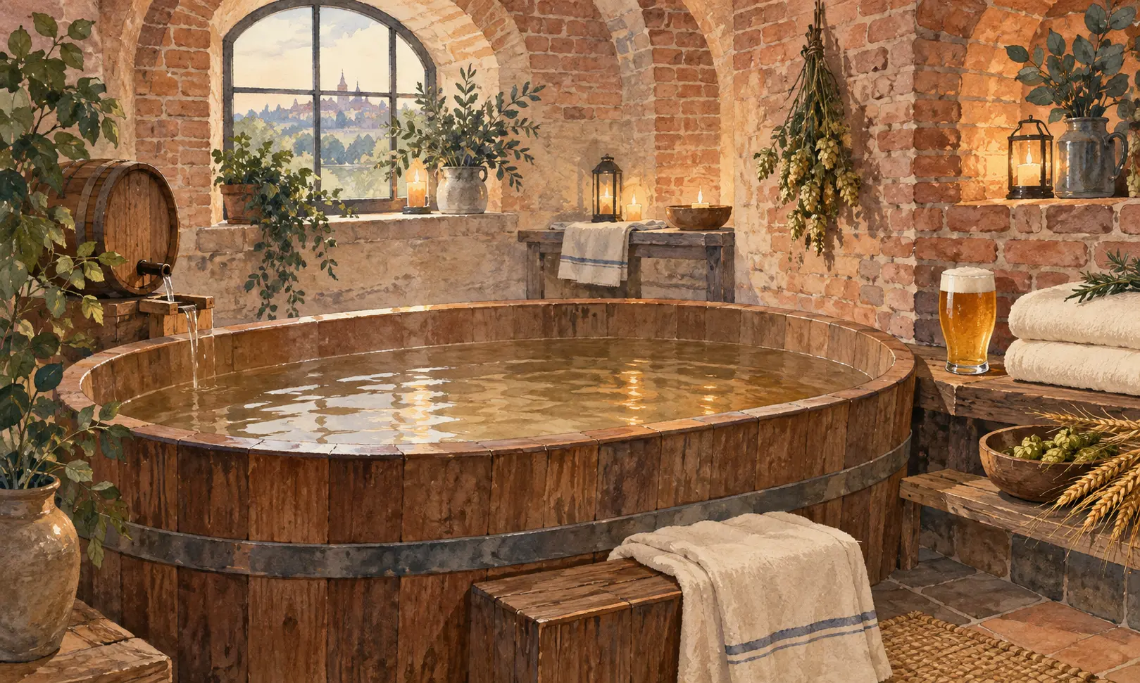 prague beer spa Illustration of a wooden bathing tub, towels and a beer glass in a rustic spa
