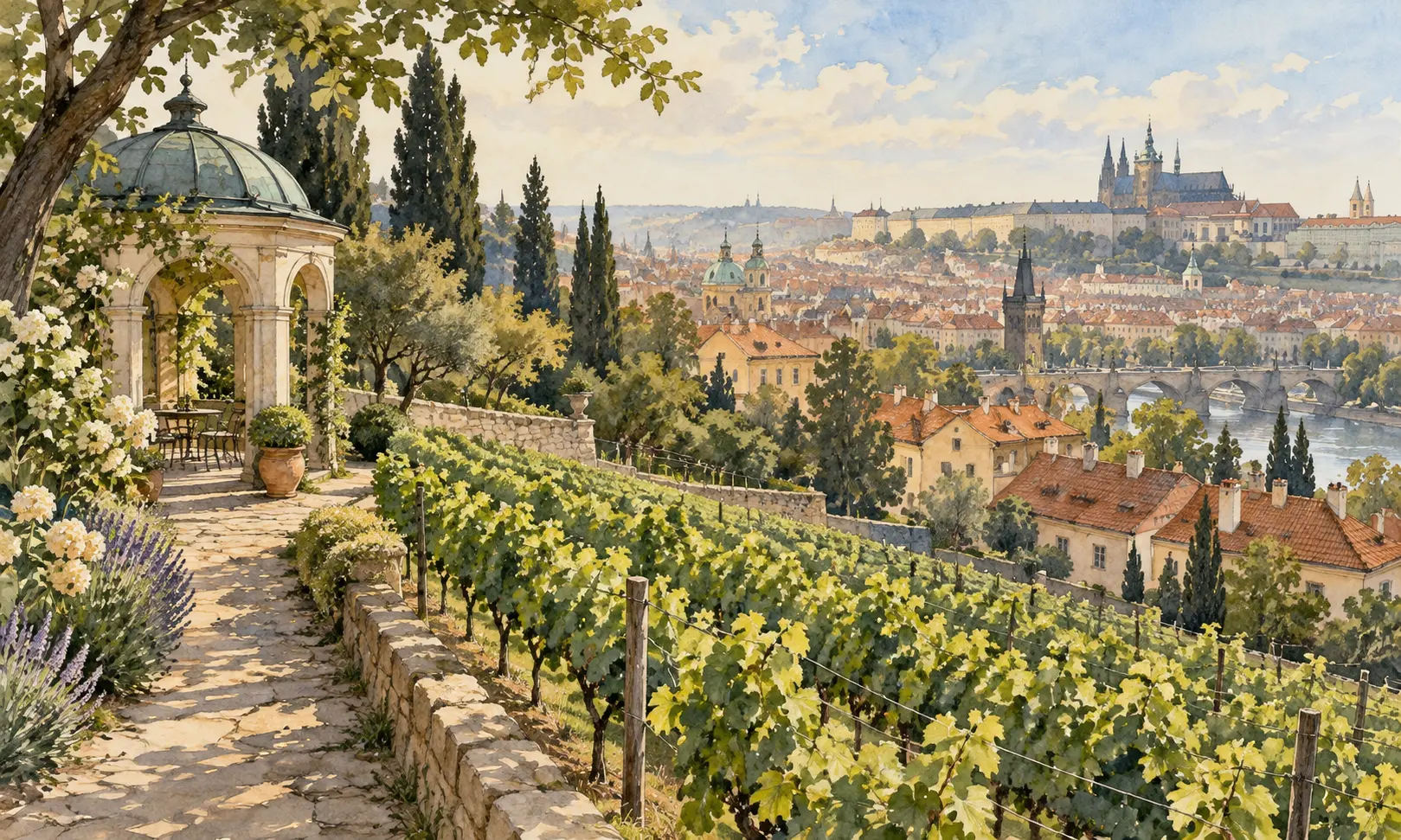 prague grebovka vineyard Illustration of terraced vines and a garden pavilion above Prague-inspired rooftops