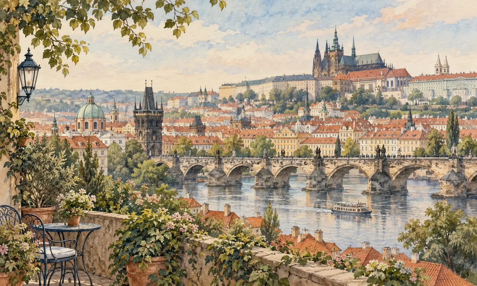 Illustration of a Prague-inspired river, stone bridge and terracotta rooftops