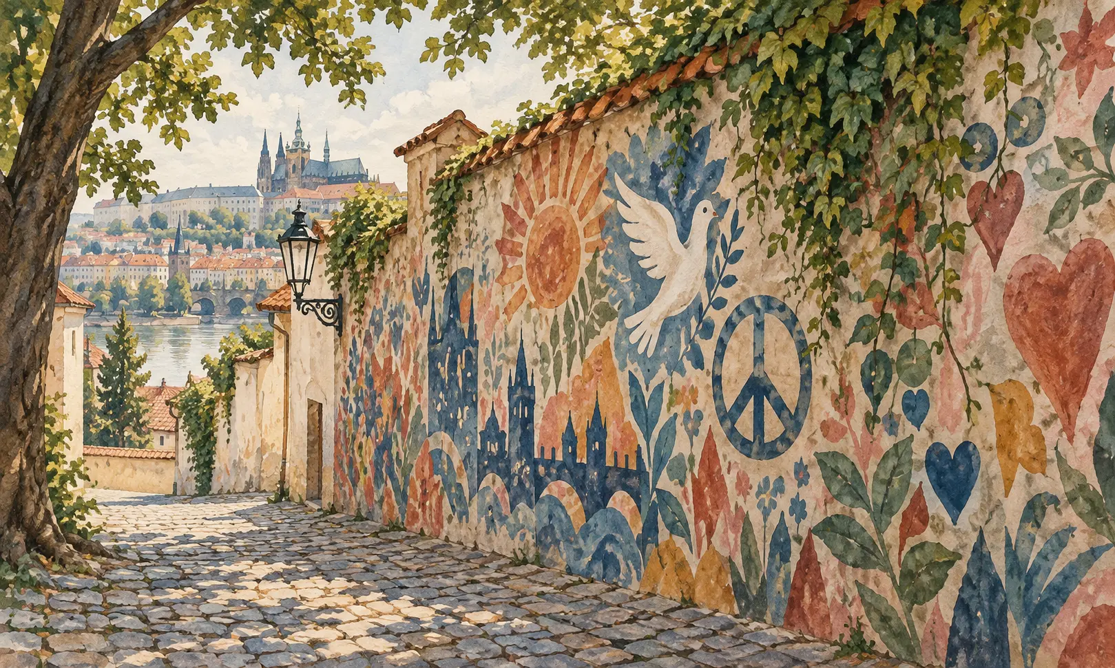 prague lennon wall Illustration of a garden wall with colourful peace-inspired street art