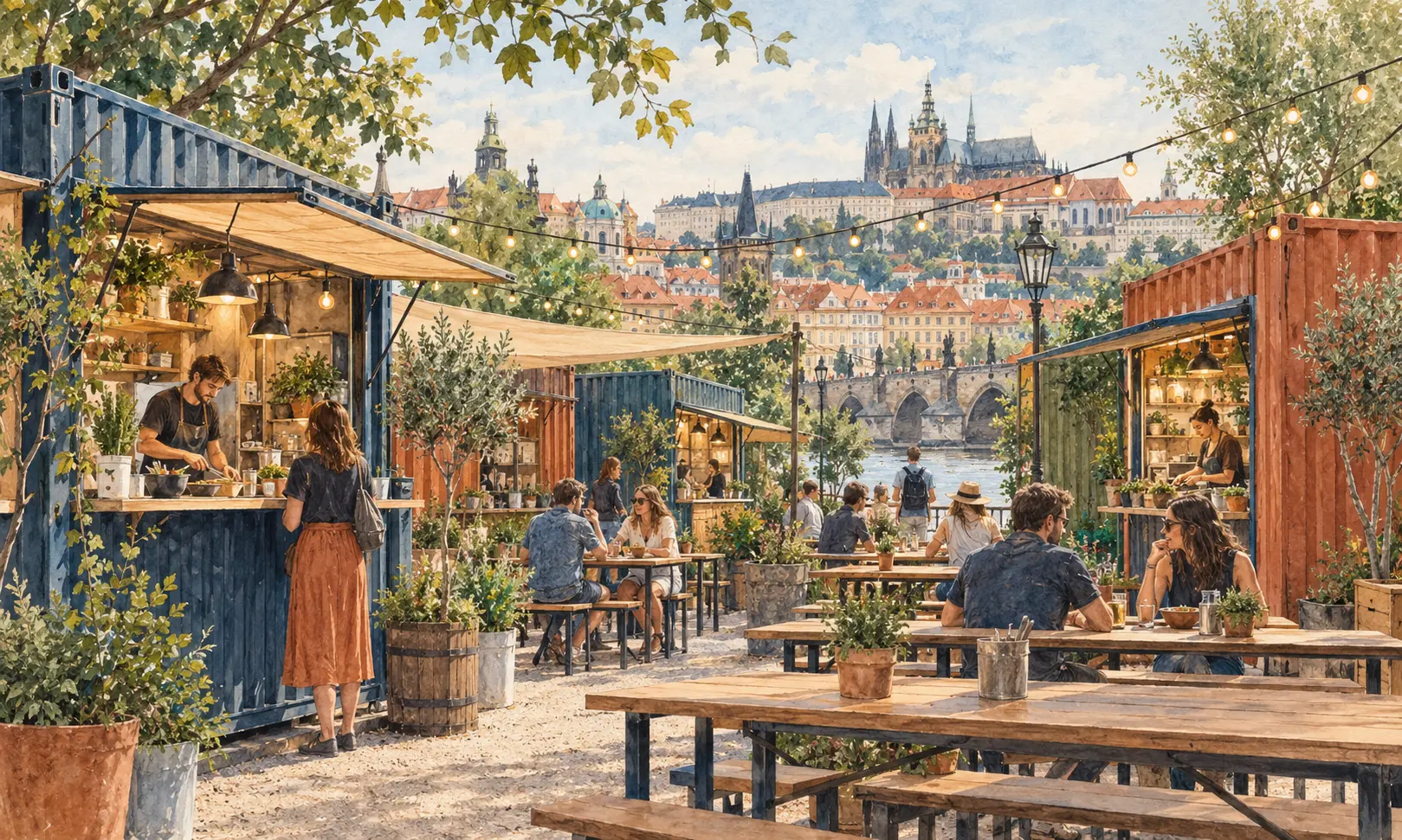 prague manifesto market Illustration of an imagined outdoor food market with container stalls and communal tables