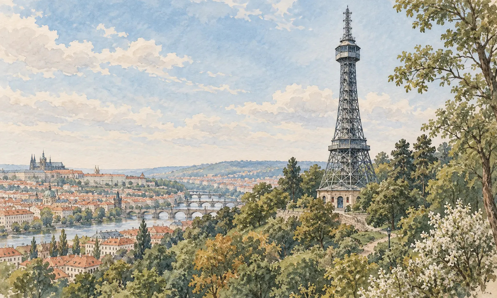 prague petrin tower Illustration of a lattice lookout tower on a leafy Prague-inspired hillside