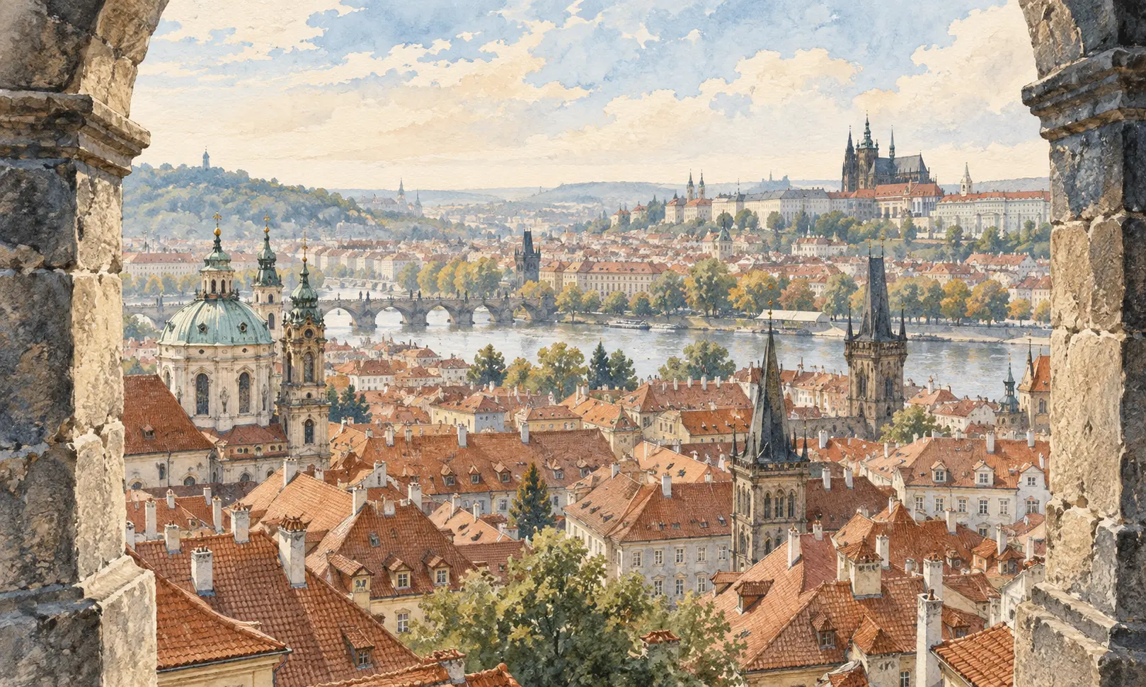 prague st vitus view Illustration of Prague-inspired rooftops and a river seen through a stone tower opening