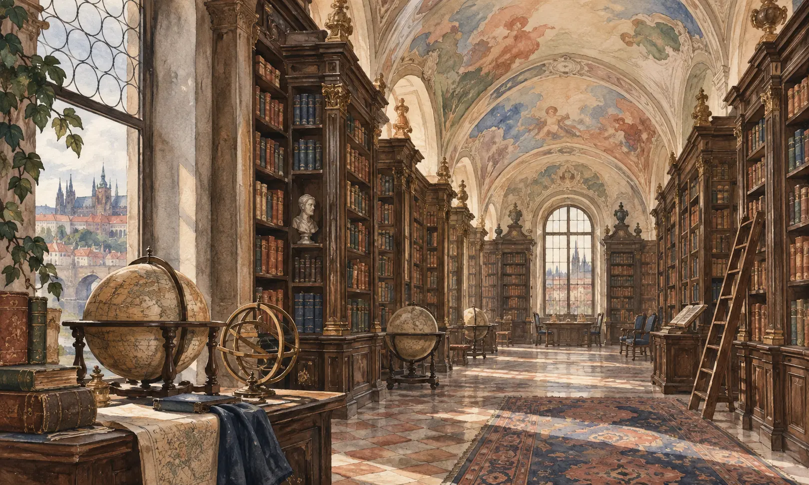 prague strahov library Illustration of a historic library hall with wooden bookshelves, globes and a vaulted ceiling