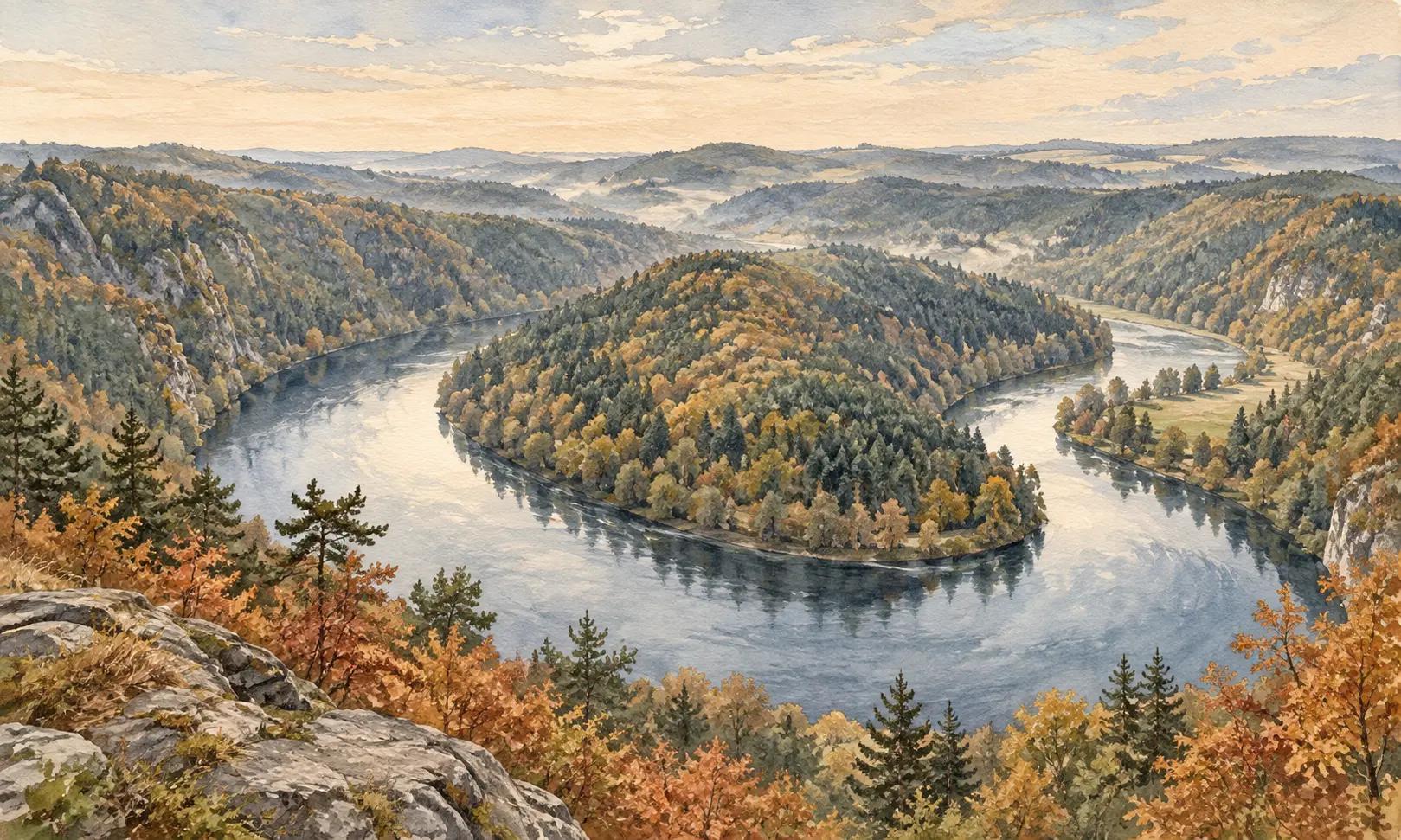 prague vyhlidka maj Illustration of a horseshoe river bend surrounded by wooded hills