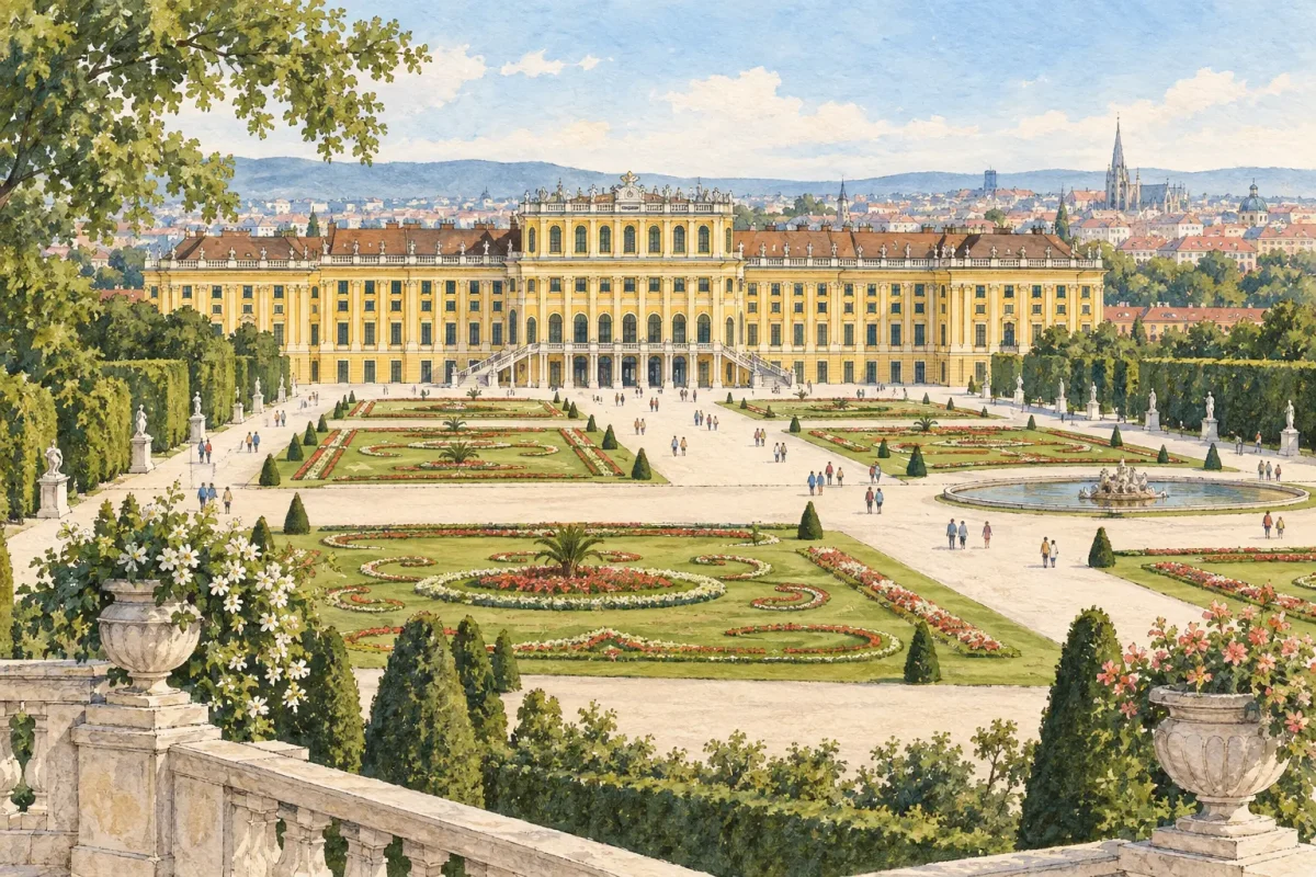 schonbrunn palace gardens vienna1 Illustration of Schönbrunn Palace and its formal gardens in Vienna