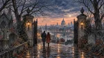 Illustration of a couple walking through Victorian cemetery gates towards a London skyline at twilight