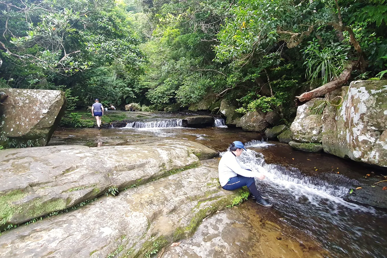 A guide beside the rocky stream above Pinaisara Falls on Iriomote