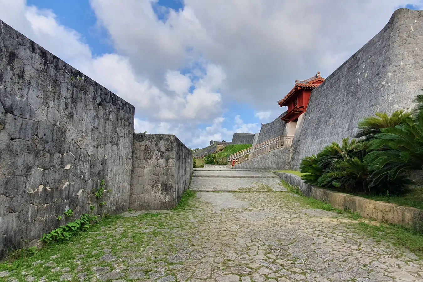 Stone-paved path beside the walls of Shuri Castle in May 2019