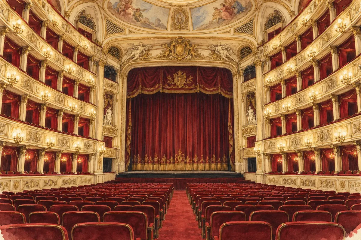 vienna state opera interior1 Illustration of the red and gold auditorium inside the Vienna State Opera
