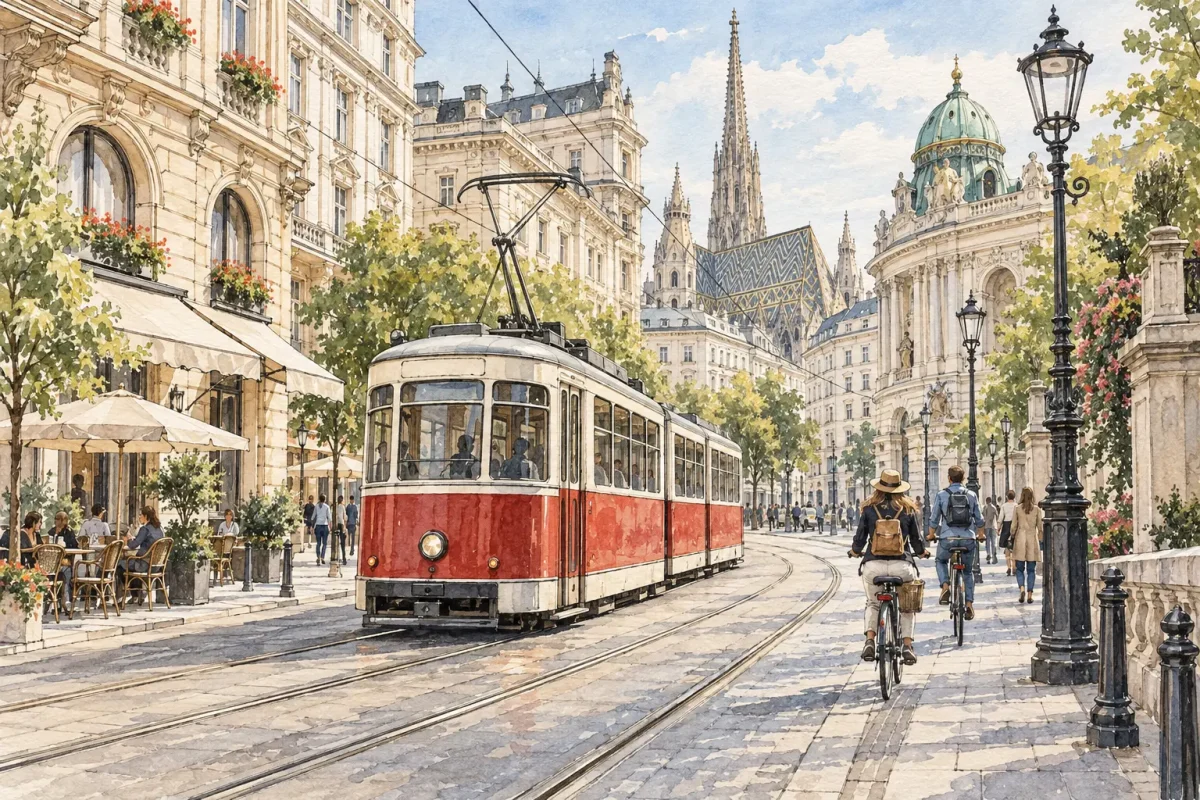 vienna tram city transport1 Illustration of a red and white Vienna tram travelling through the historic city centre