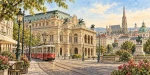 Illustrated view of central Vienna with the State Opera, historic skyline and red tram