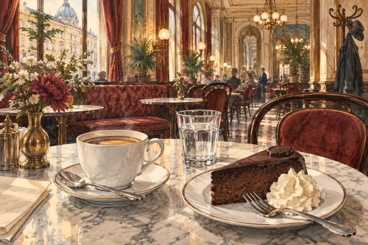viennese coffee house sachertorte1 Illustration of coffee and Sachertorte inside a traditional Viennese coffee house